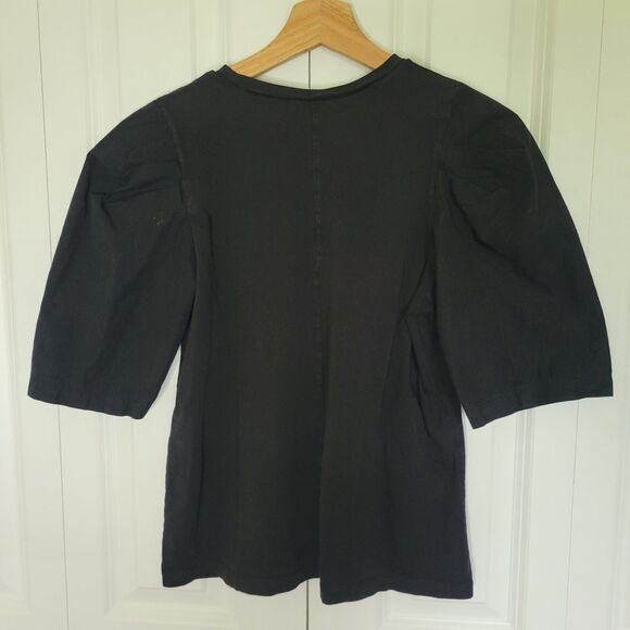 ZARA SIZE SMALL SHORT PUFF HALF SLEEVE BLACK TOP COTTON BLOUSE ROUND NECK BASIC - Picture 3 of 5